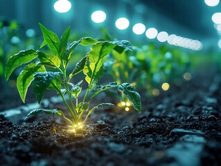 Genetically Engineered Glowing Crop Growing in Futuristic Farm with Enhanced Nutrition and Pest Resistance