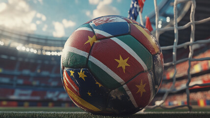 A colorful soccer ball rests near the goal post in a vibrant stadium during an afternoon match