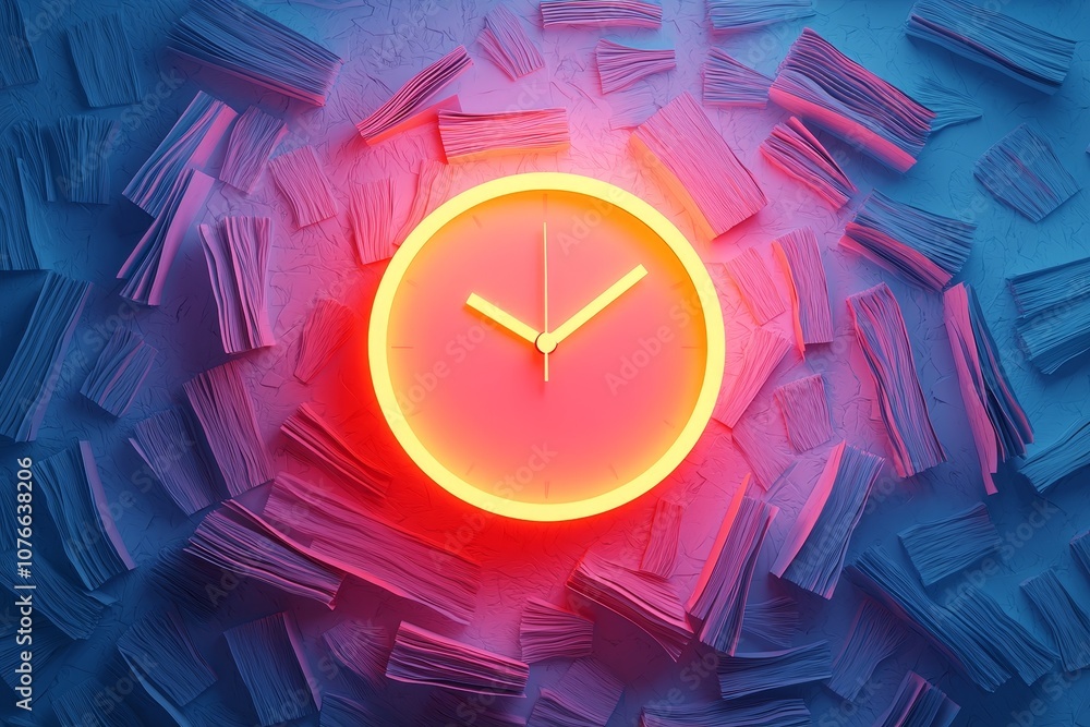 Poster a vibrant neon clock surrounded by textured pattern, creating a modern artistic atmosphere filled wi
