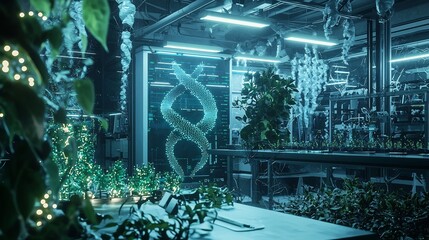 Futuristic Biotech Lab Showcasing Genetically Engineered Hybrid Plants and Animals