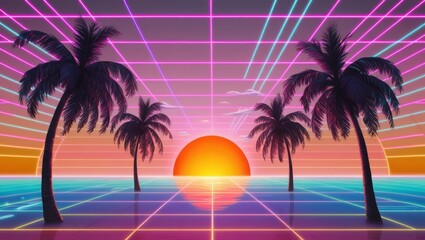 Naklejka premium Retro Sunset Palm Trees Neon Grid Digital Art