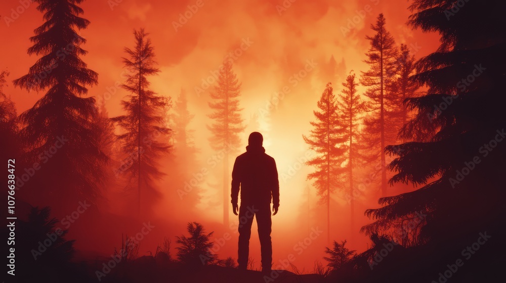 Poster a man stands in a forest with trees in the background