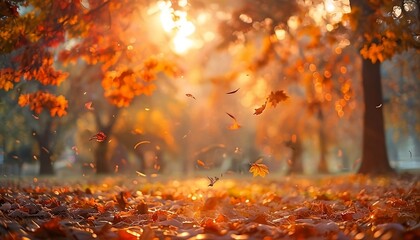 Golden Hour in an Autumn Park: Dreamy Sunset Scene with Colorful Foliage and Falling Leaves