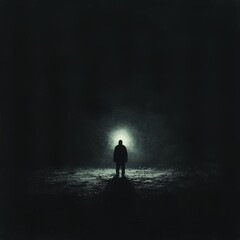 Mysterious Silhouette of a Lone Figure Standing in a Dark Foggy Landscape