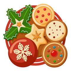 Christmas Cookie Platter:  A festive selection of decorated Christmas cookies on a red plate with holly leaves. The cookies are decorated with a variety of traditional designs, such as snowflakes.