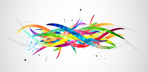 Abstract colored background on a gray gradient. Curves painted in bright colors, arbitrarily mixed with each other. Hand drawn vector.