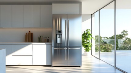 Modern Kitchen Interior with Stainless Steel Refrigerator