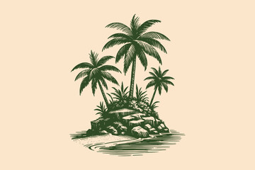 Tropical uninhabited island. Hand drawn vector vintage illustration, emblem, logo, isolated © Victoria