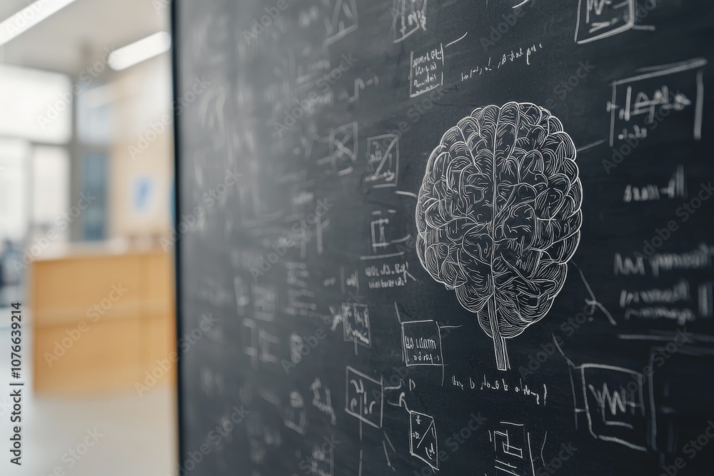 Aufkleber a chalkboard features a sketched brain surrounded by mathematical formulas, hinting at a blend of ne