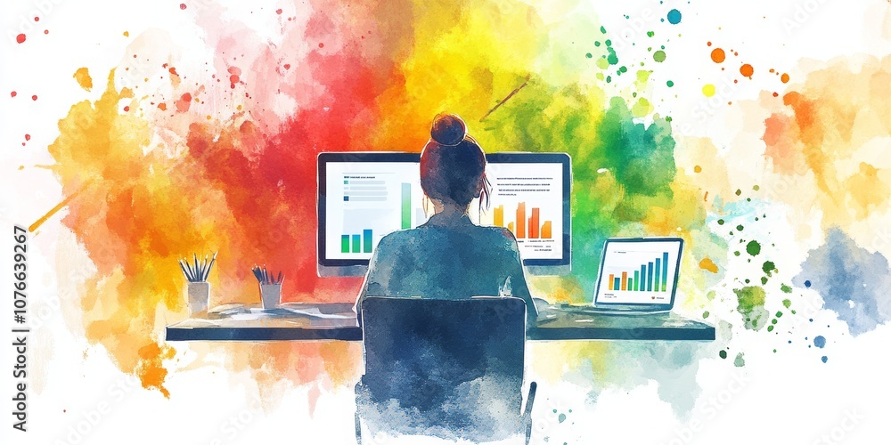 Poster creative professional analyzing data on multiple screens with vibrant watercolor background