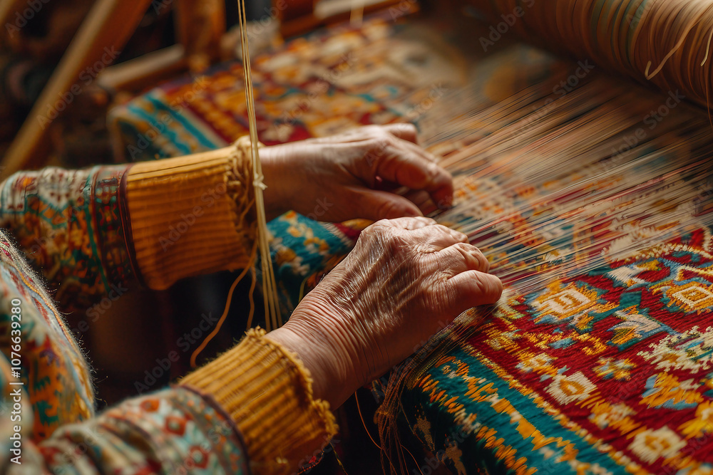 Poster weaver actively working on a colorful tapestry using a traditional wooden loom generative ai image