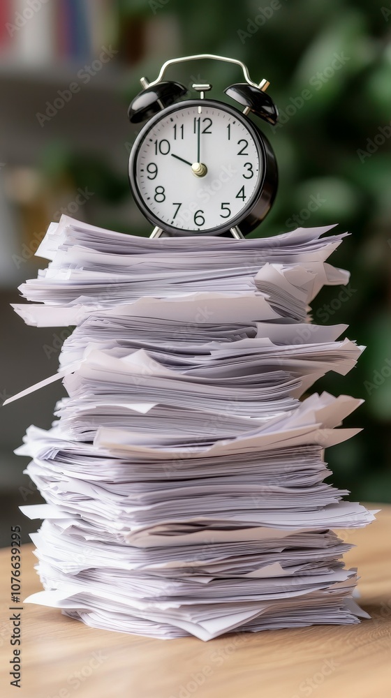 Poster a clock rests on a tall stack of papers, symbolizing deadlines and the relentless passage of time in