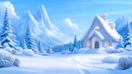 Fototapeta premium Charming Winter Wonderland Scene with Snowy Mountains and Festive Cottage