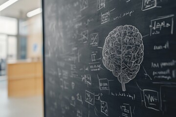 A chalkboard features a sketched brain surrounded by mathematical formulas, hinting at a blend of neuroscience and analytical thinking in a modern learning environment.