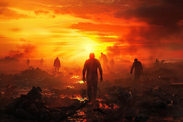 Scary sinister zombie wandering in street with dramatic lighting