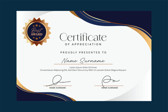 Certificate of appreciation template gold and blue color Clean modern certificate with gold badge