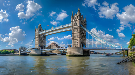 Obraz premium Panoramic view of Tower Bridge in London, blue sky with clouds, clear weather, sunny day