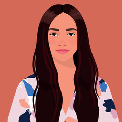 portrait of a pretty young girl of European appearance with clear skin and long dark hair. flat fashion illustration. Advertising poster of different age. Avatar for a social network.