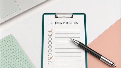 Clipboard with priority checklist and pen on desk