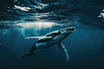Fototapeta premium Fantastically beautiful majestic huge whale in ocean