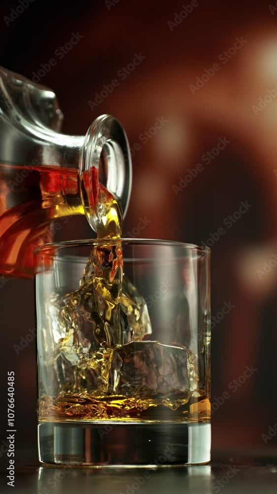 Aufkleber super slow motion of pouring whiskey into glass. filmed on high speed cinema camera, 1000 fps. camer