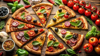 Fototapeta premium Delicious Pizza Slices with Various Toppings on Isolated Background for Fast Food, Italian Cuisine, Snack Ideas, and Culinary Inspiration