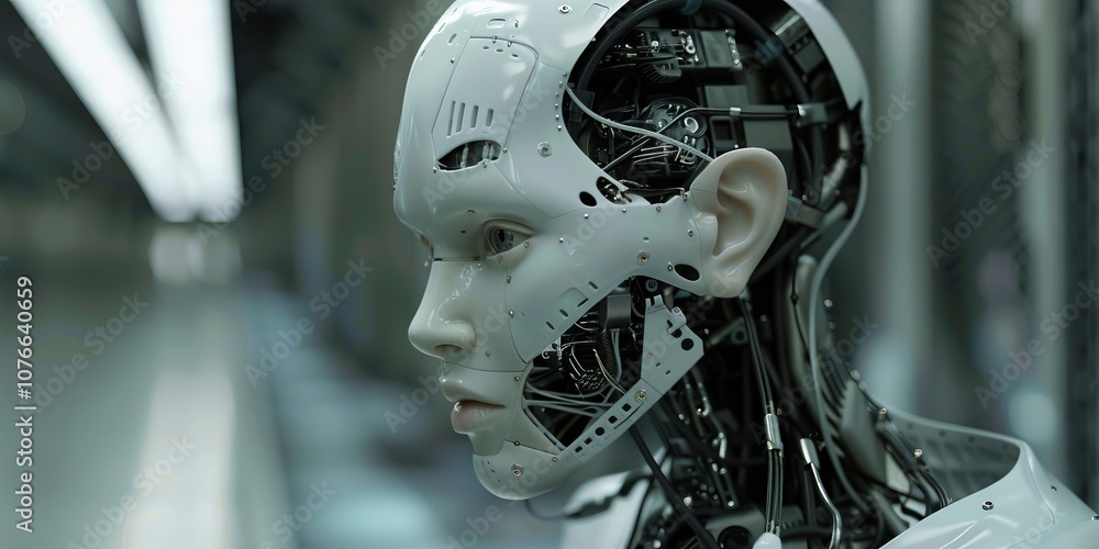 Poster futuristic humanoid robot with exposed mechanical components in a high-tech industrial setting