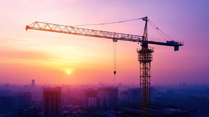 Construction crane silhouetted against the evening sky at a high-rise building site with a cityscape