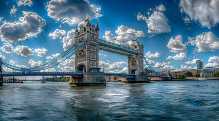 Obraz premium Panoramic view of Tower Bridge in London, blue sky with white clouds, cityscape background