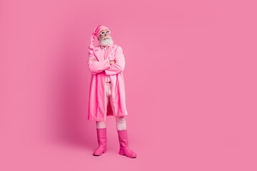 Full size photo of nice charismatic man folded arms empty space wear boots coat isolated on pink color background