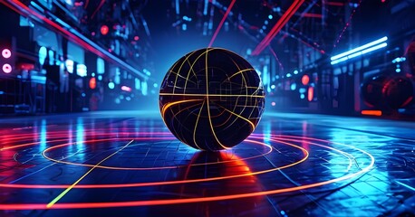 looping illustration of a ball trajectory mapped out with neon lines and mathematical equations, evoking AI-driven analytics in sport