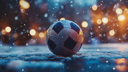 Fototapeta premium A soccer ball resting in the snow with blurred lights during a winter evening