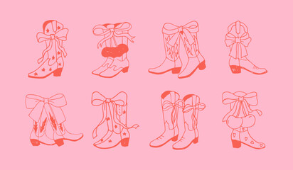 Coquette cowboy boots with ribbon bow. Pink cowgirl aesthetic. Hand drawn
