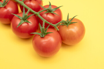 Red cherry tomatoes with green branch on yellow background