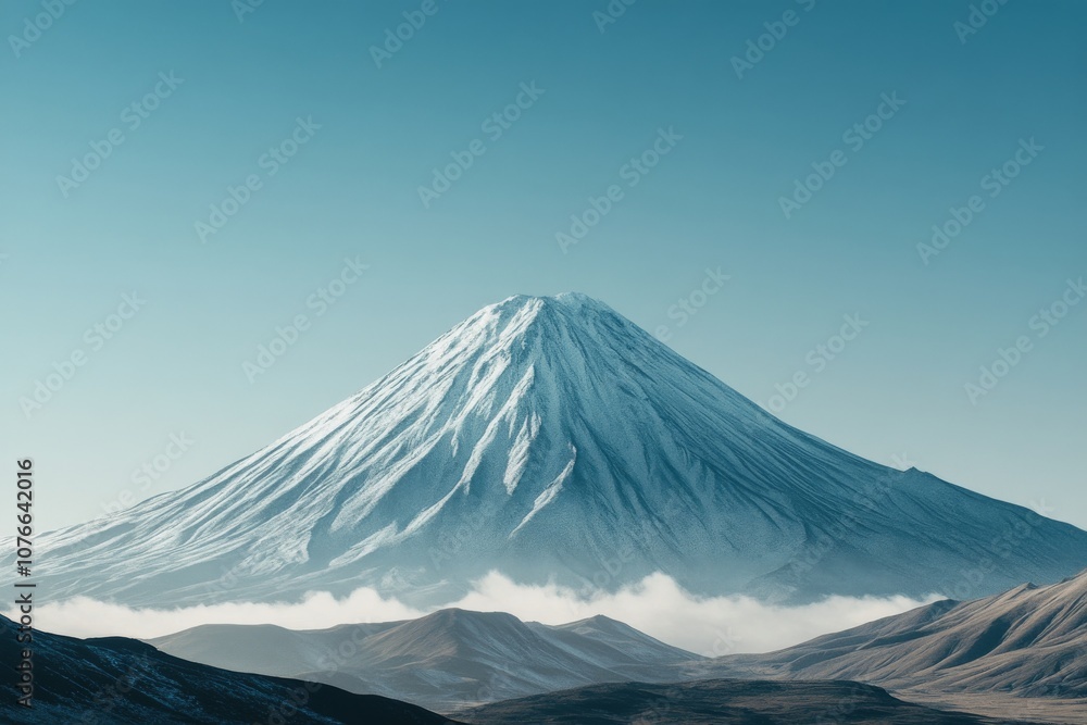 Poster Majestic snow covered mountain peak under clear sky during winter season at sunrise