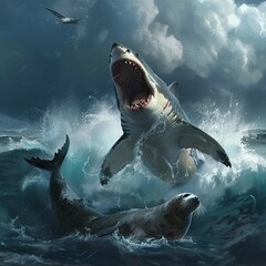 Obraz premium A Deadly Shark Breaches the Surface to Capture a Seal in the Open Ocean