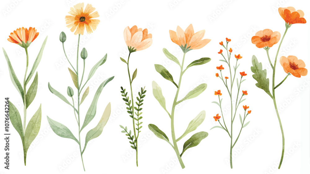 Wall mural Set of watercolor flowers. Isolated on a white background.