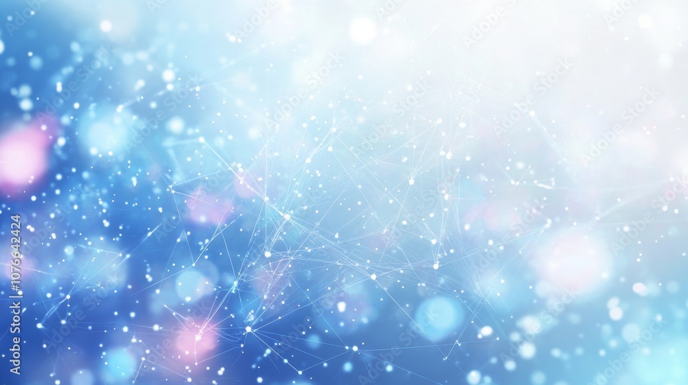 Poster digitally connected: minimal tech network with scattered particles on soft white and blue background