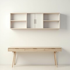 A minimalistic background with a wooden desk and a small cabinet on a plain, soft-colored wall. The desk is simple, clean, and organized, with no items on top, and a small chair placed neatly in front