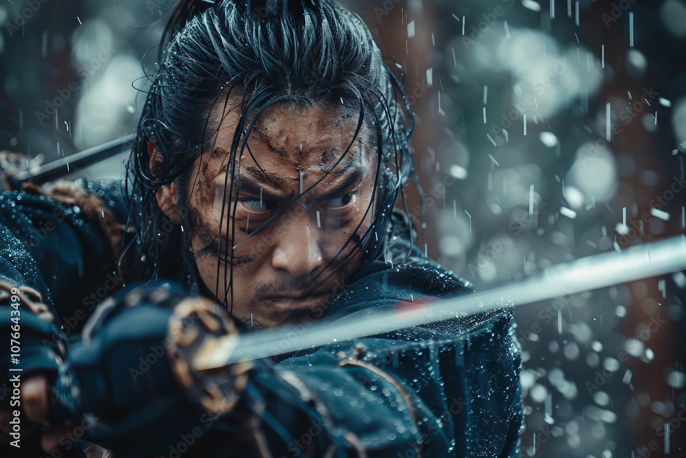 Poster portrait of a samurai in armor in attack position ai generative