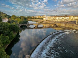 Aerial view of Ponte Vittorio Emanuele I and Po river. Ponte Vittorio Emanuele I is the oldest...
