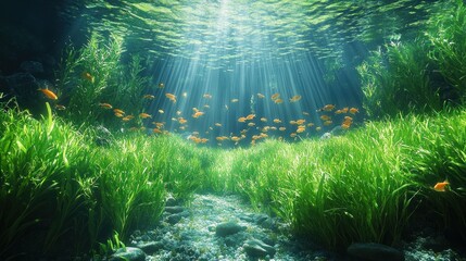 Obraz premium Underwater scene with sunlight, plants, and swimming fish.