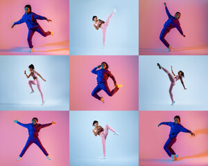 A young dancer showcases a variety of energetic poses against a vibrant backdrop, capturing the...