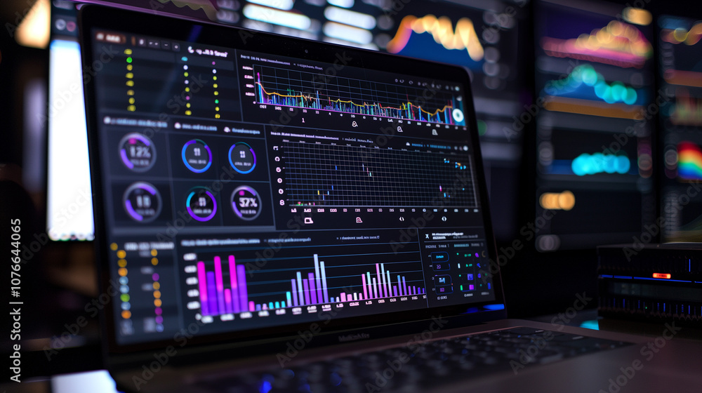 Poster business data analytics displayed on a laptop screen with real-time statistics, highlighted growth i