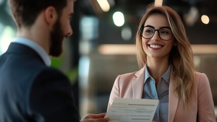 Fototapeta premium Business Meeting with Smile: Professional Woman in Blazer Receives Document from Bearded Man in Formal Suit in Modern Office Environment