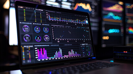Business data analytics displayed on a laptop screen with real-time statistics, highlighted growth indicators, and a multi-chart dashboard in a collaborative workspace.