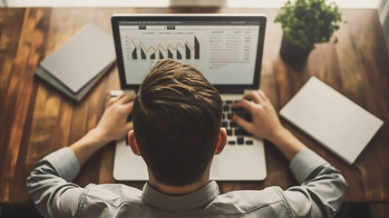 Business professional analyzing quarterly data on a laptop, with charts showing year-over-year growth trends, revenue distribution, and performance insights.