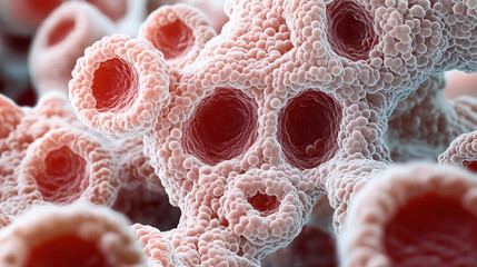 Abstract close-up of a porous organic structure resembling microscopic view of cells or coral, with interconnected patterns and pinkish hues creating intricate textures and depth.