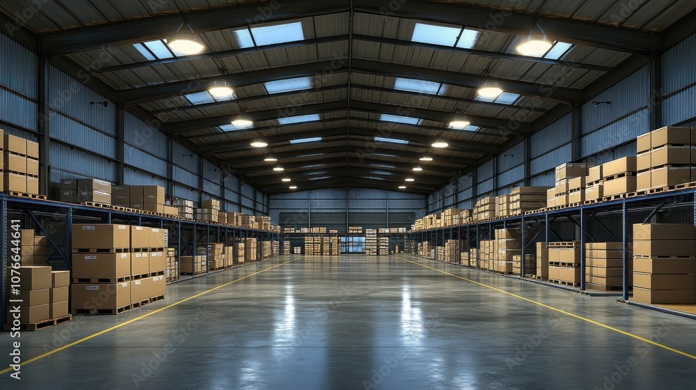 Poster an empty warehouse with rows of stacked cardboard boxes on shelves.