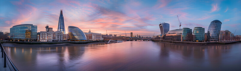 Fototapeta premium Panoramic photo of the London skyline, River Thames, at dusk, with buildings in the background